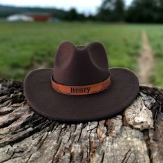 Custom Brown Hat Bands, One Size Fits Most, Custom Brown Hat Bands, Brown Flat Bill Hat For Western-themed Events, Western Hats With Leather Patch For Rodeo, Western Brown Hat With Leather Patch, Western Style Adjustable Hats With Leather Patch, Western Style Brown Hat With Leather Patch, Custom Brown Felt Hat For Western-themed Events, Custom Brown Felt Hat For Ranch