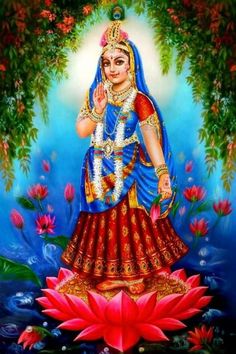 the hindu goddess sitting on top of a lotus flower in front of a blue background