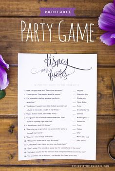 a party game with purple flowers and scissors on the wooden table, next to it