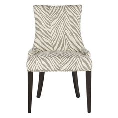 a zebra print upholstered chair with dark wood legs and an armrests