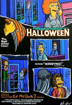 the simpsons movie poster for halloween, with characters in front of an open door and behind it