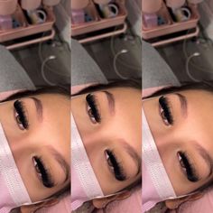 three pictures of a woman with long lashes and eyeliners on her face, showing the process of getting eyelashes done