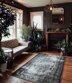 a living room filled with lots of plants next to a fire place and a couch