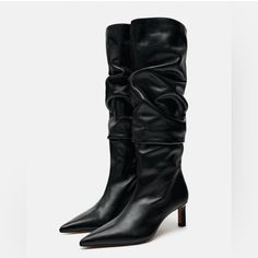 New With Tag Slouchy 100% Leather Knee High Heeled Boots-Knee High Leather Boots. Slouchy Detail At Shaft. Pointed Toe. Heel Height: 2.4 Inches (6 Cm) Size Eu38/Us7.5 Size Eu37/Us6.5 Upper 100% Cow Leather Lining 95% Polyester 5% Goat Leather Sole 100% Rubber Insole 100% Goat Leather Black | 2006/210 S201 Spring Leather Knee-high High Heel Boots, Chic Heeled Boots With Leather Lining For Party, Leather High Ankle Knee-high Boots For Party, Chic Knee-high Boots With High Ankle In Faux Leather, Chic Pointed Toe Mid-calf Faux Leather Boots, Leather Pointed Toe Heeled Boots For Office, Chic Leather Boots With Pointed Toe, Elegant High Heel Mid-calf Faux Leather Boots, Chic Party Boots With Leather Lining