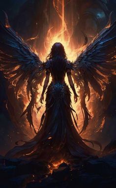 a woman with large wings standing in front of a fire filled sky and surrounded by flames