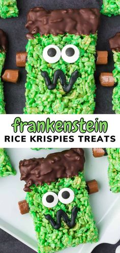 Get into the Halloween spirit with these Frankenstein Rice Krispie Treats! These easy cereal treats put a spooky twist on the classic treats with melted chocolate, icing and candy eyes and will be so much fun to serve at your Halloween party! Frankenstein Rice Krispie Treats, Halloween Rice Krispies, Halloween Rice Krispie Treats, Peanut Butter Rice Krispies, Halloween Snack Mix, Halloween Deserts, Monster Treats, Creepy Halloween Food