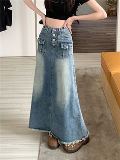 Introducing our vintage sanded long denim skirt from the 2023 Spring-Summer Collection ââ‚?the perfect blend of urban trend and nostalgic charm! Why It's Your Ultimate Urban Style Choice This denim skirt is the perfect combination of everlasting trend and vogue vibes. It features a mid-waist fit. a unique sanded pattern. and a full-length silhouette. The combination of a zipper and button closure ensures that you get both a secure fit and a fashionable touch. Crafted with premium quality denim. this skirt promises full-length-lasting durability and conventional trend. Key Highlights: Street Trend Sophistication: A unique balance of conventional style and couture streetwear trends. Vintage Charm: An iconic sanded pattern and maxi silhouette capture the spirit of nostalgia. Mid-Waisted Fit: Dark Wash Full-length Denim Skirt For Summer, Summer Full Length Dark Wash Denim Skirt, Summer Full-length Skirt With Frayed Hem, Summer Full Length Skirt With Frayed Hem, Light Wash Denim Long Skirt, Summer Denim Maxi Skirt With Pockets, Full-length Denim Cotton Skirt For Summer, Full Length Cotton Denim Skirt For Summer, Full Length Denim Skirt For Summer