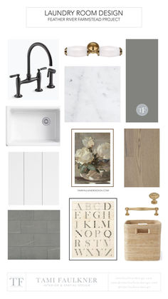 bathroom design board with white and grey accents, including sink, faucet, toiletries