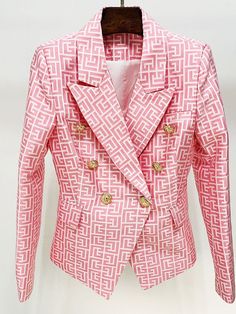 Double Breasted Geometrical Jacquard Blazer Jacquard Blazer, Chic Jeans, Casual Professional, Designer Jacket, Trendy Prints, Pink Blazer, Puff Sleeve Dresses, Professional Fashion, Double Breasted Blazer