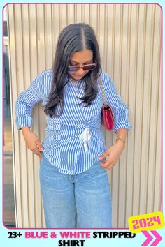 Relaxed blue and white striped shirt with a messy tuck, creating a laid-back, carefree vibe. Perfect for casual days out, the soft stripes and imperfect tuck add character while maintaining a timeless style. Teacher Outfits