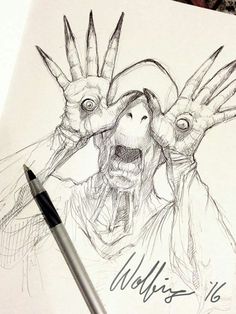 a pencil drawing of two demonic hands with one holding the other's head in front of them