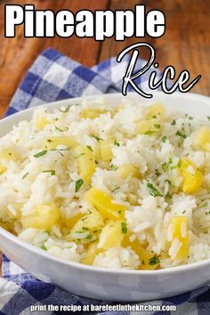 pineapple rice in a white bowl on a blue and white checkered napkin with text overlay