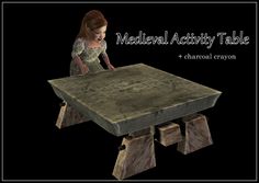 a 3d image of a table and stools with the text medieval activity table plus charcoal crayon