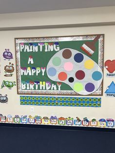 a painting themed birthday bulletin board in a classroom