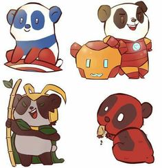 four cartoon pandas with different costumes on