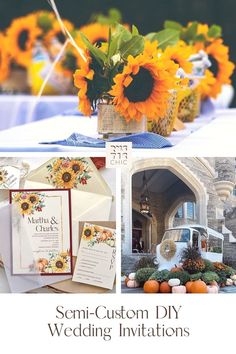 sunflowers are in vases and on top of a table with wedding stationery