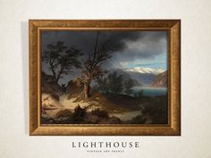 a painting on display in a frame with the words lighthouse above it and an image of