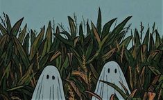 two ghost like figures standing in the middle of tall grass