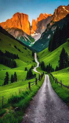 a dirt road in the middle of a lush green valley with tall mountains behind it