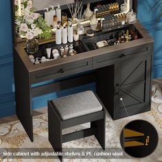 an image of a vanity with makeup and perfumes on the top shelf in front of it