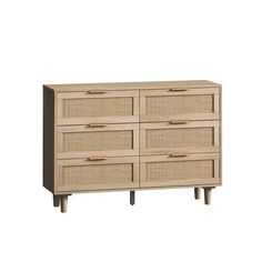 an image of a dresser with wicker drawers