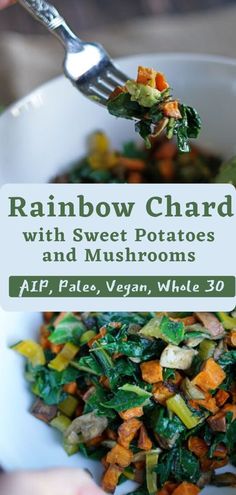 rainbow chard with sweet potatoes and mushrooms in a white bowl on a wooden table