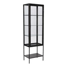 a tall black glass display case with shelves