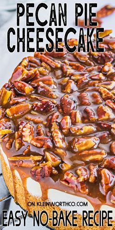 pecan pie cheesecake with chocolate sauce on top