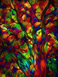 an abstract painting of a colorful tree