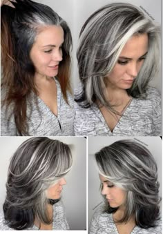 Pin by Anne Lyons on Hair & Beauty | Silver blonde hair, Gray hair highlights, Blending gray hair Grey Hair Transformation, Silver Blonde Hair, Silver Blonde, Blending Gray Hair, Gray Hair Highlights, Caramel Highlights, Summer Hair Color For Brunettes