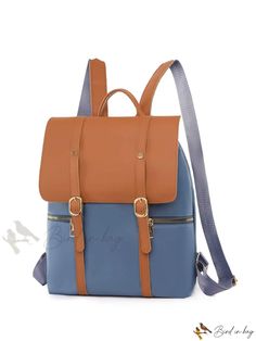 Bird in Bag - Water-Resistant Fashionable Casual Versatile Capacity Color Block Backpack with Multiple Compartments. Casual Leather School Backpack With Adjustable Straps, Casual Blue Leather Backpack With Zipper, Trendy Brown Backpack For Outdoor, Trendy Brown Outdoor Backpack, Casual Blue Leather Backpack With Adjustable Strap, Casual Blue Rectangular Leather Backpack, Large Capacity Blue Leather School Backpack, Casual Blue Leather Backpack For Travel, Bird In Bag