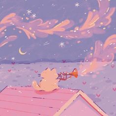 a cartoon cat sitting on top of a roof playing a trumpet