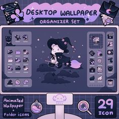 the desktop wallpaper organizer set is designed to look like a computer screen with an image of a witch on it