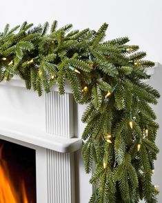 a christmas tree with lights hanging from it's branches in front of a fireplace