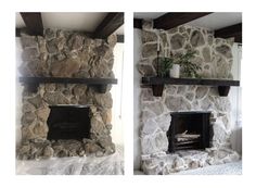 two pictures of a stone fireplace with some plants on the mantel and another photo of an open fire place