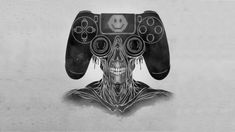 a black and white drawing of a person holding a video game controller