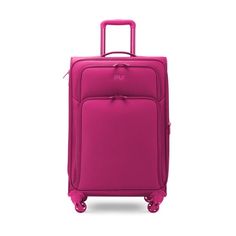 Travel is anything but boring. We make reliable luggage that matches your signature style and travel accessories to match! Passion soft side luggage is designed to stand out from the crowd. With a streamline design and color matched details, this lightweight luggage features a durable polyester exterior with 2 front storage pockets and 360 spinner wheels. The interior is outfitted with multiple packing compartments including an integrated wet pocket and shoe pockets, perfect for all your travel Lightweight Luggage, Luggage Brands, Checked Luggage, Travel Must Haves, Luggage Sizes, Streamline Design, Travel Set, Carry On Luggage, Fuchsia Pink