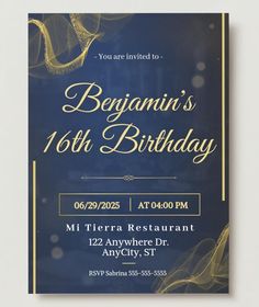 a blue and gold birthday party card with the words,'beginin's 10th birthday '