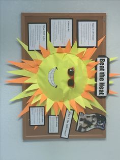 a bulletin board with an image of a sun and sunglasses on it's face