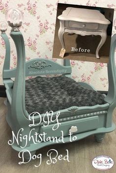 a dog bed made out of an old dresser and foot board with the words diy night stand to dog bed on it