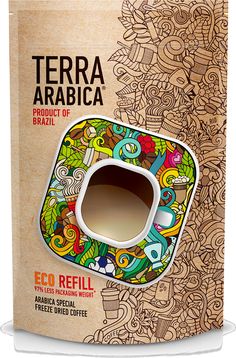 the packaging for terra arabica coffee is designed with colorful doodles and paisleys