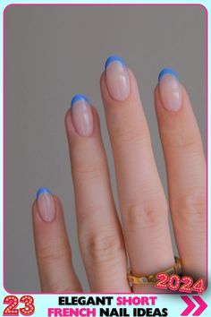 Delicate blue-tipped French manicure on short nails, using gel. These short French nails are ideal for both professional and casual settings, offering a subtle yet distinctive look with their glossy finish. Perfect for modern nail designs. French Manicure On Short Nails, Manicure On Short Nails, Gel Nails Blue, French Manicure Short Nails, French Nail Ideas, Gel French Tips, Short Nails Summer