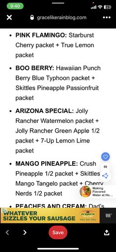 an iphone screen showing the menu for pink flamingo, starburst and cherry packet