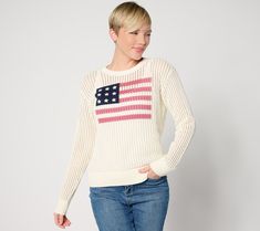 You'll proudly wear this patriotic sweater that's sure to become the season's most saluted style. From the Joan Rivers Classics Collection®. Flag Sweater, American Flag Sweater, Joan Rivers, Sweater Fashion, Cotton Sweater, American Flag, Sweaters & Cardigans, Flag, How To Wear