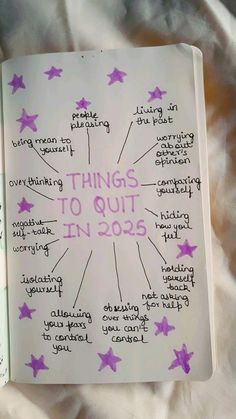 an open book with writing on it and stars in the pages that read things to quit in 2013