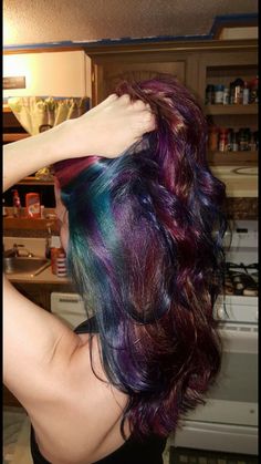 Rainbow hair Green Hair Looks, Oil Spill Hair Color, Rainbow Hair With Black, Rainbow Streaks In Hair, Rainbow Brunette Hair, Colored Hair Inspiration, Multi Hair Color, Black Rainbow Hair, Rainbow Hair Underneath Brown