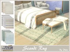 an image of a bedroom setting with furniture and rugs on the floor in various colors