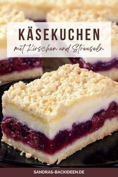 raspberry cheesecake on a black plate with the words kasekuchen