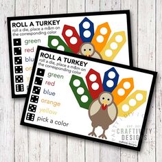 two cards with different colors and numbers on them, one has a turkey in the middle