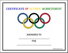 an olympic achievement certificate is shown in this image, with the olympics rings on it